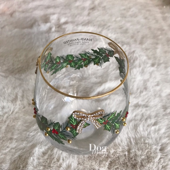 4 Gold Rimmed Holly Berry Ribbon Bow Christmas Stemless Wine Glass - Picture 6 of 8